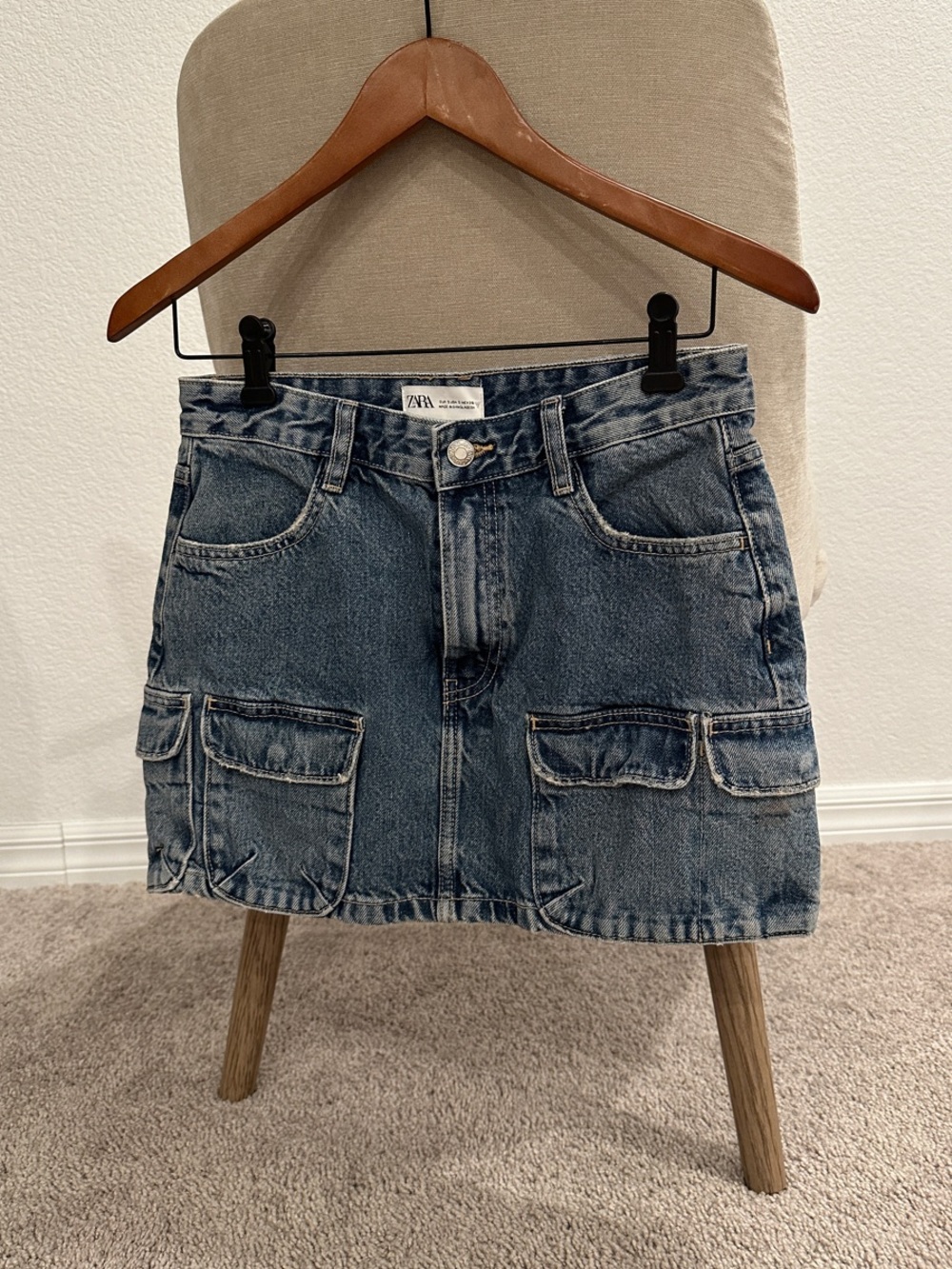 Zara Washed Blue Denim Cargo Mini Skirt